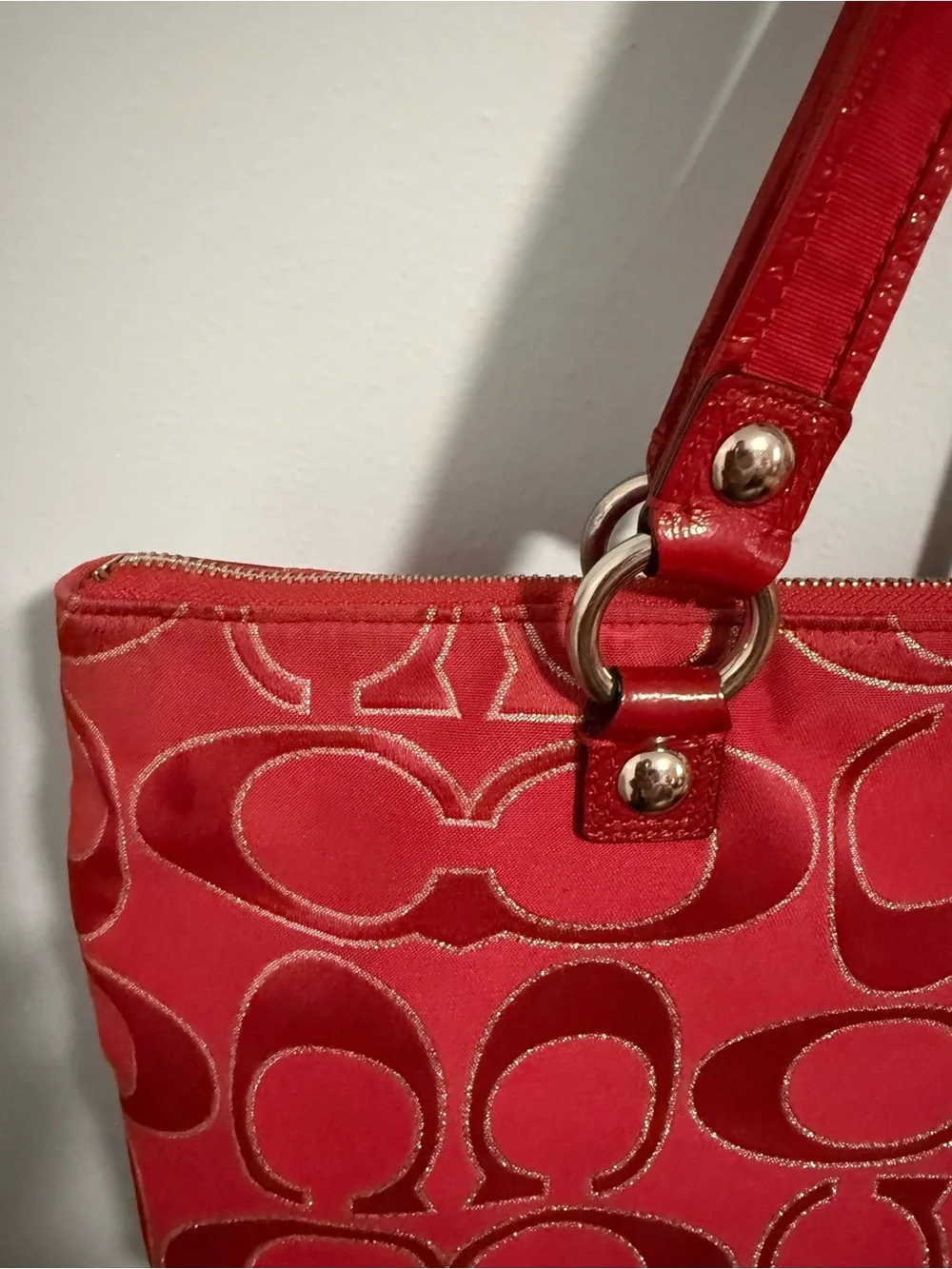 Coach Poppy Red Signature Shoulder Tote with silver tone Hardware!